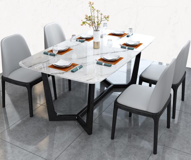 意式極簡(jiǎn)巖板餐桌椅組合后現(xiàn)代巖板飯桌小戶型餐廳 實(shí)木餐桌餐1.4米一桌六椅（雪花白）